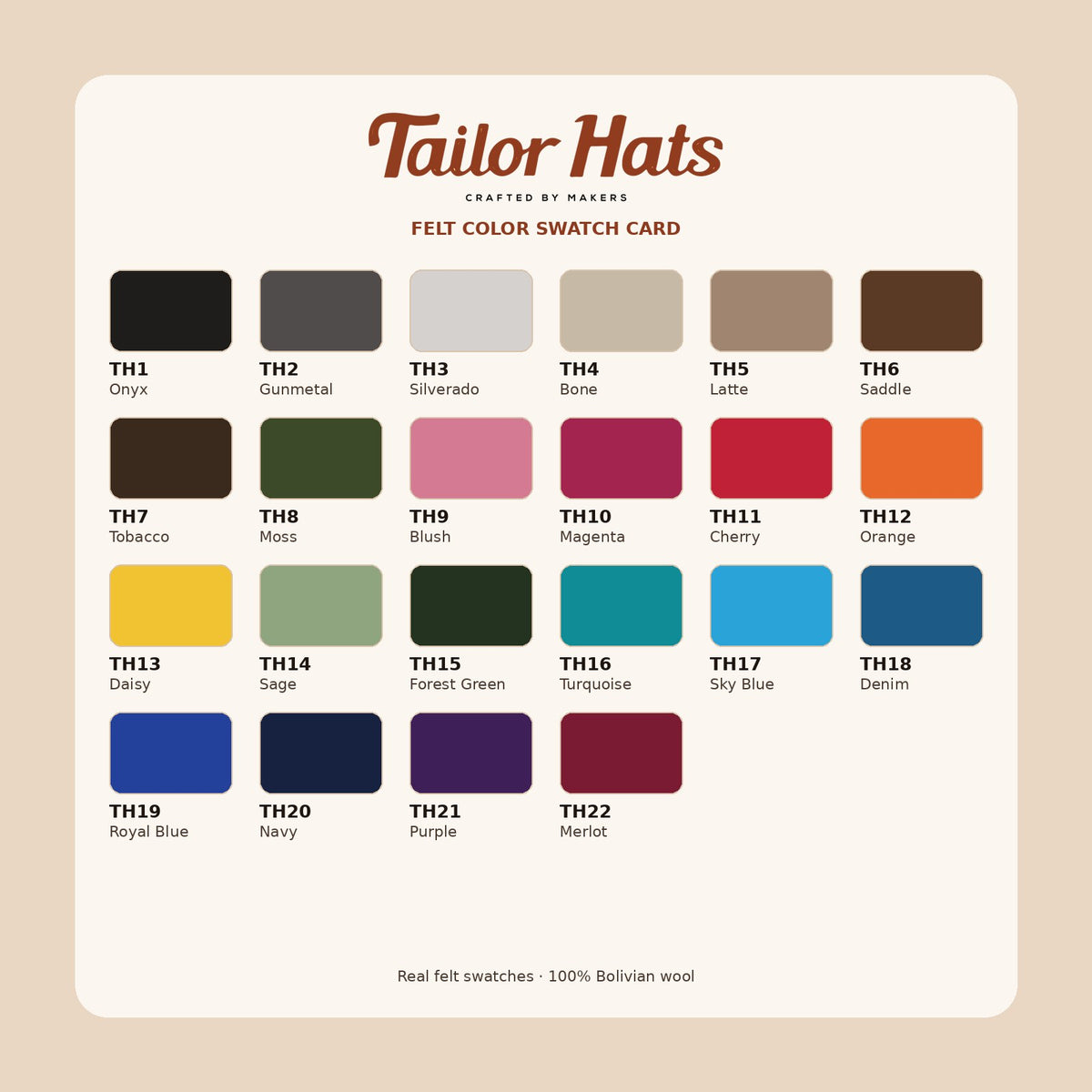 Tailor Hats felt color swatch card with 22 cowboy hat colors