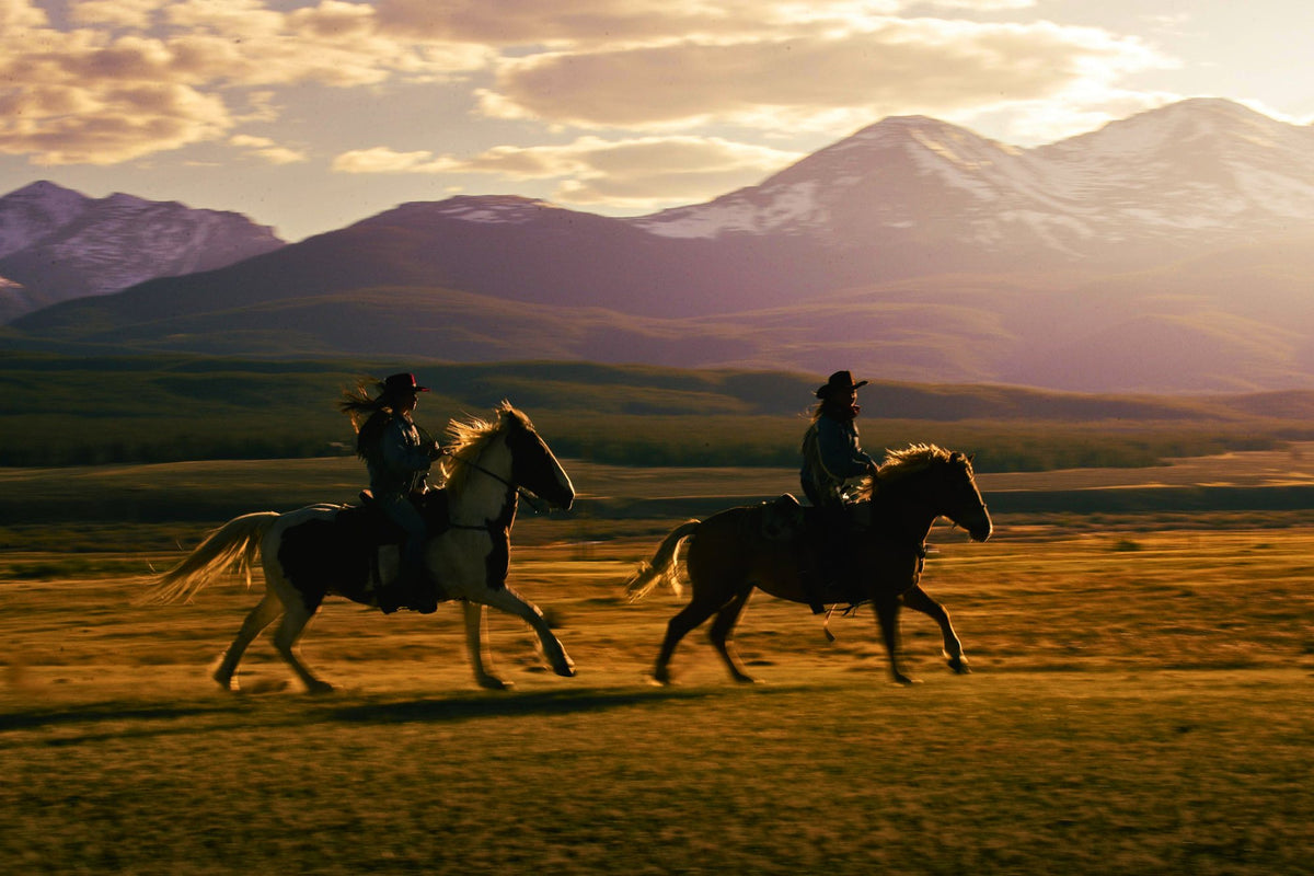 Two riders on horseback at golden hour